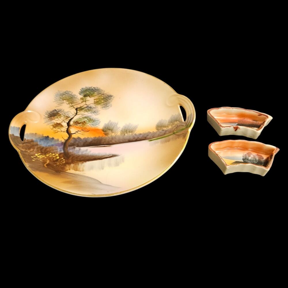 Noritake Hand Painted Scenic Plate w Nut Dishes Japan Set